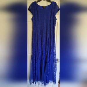 Blue formal lace overlay dress with sheer and lace skirt